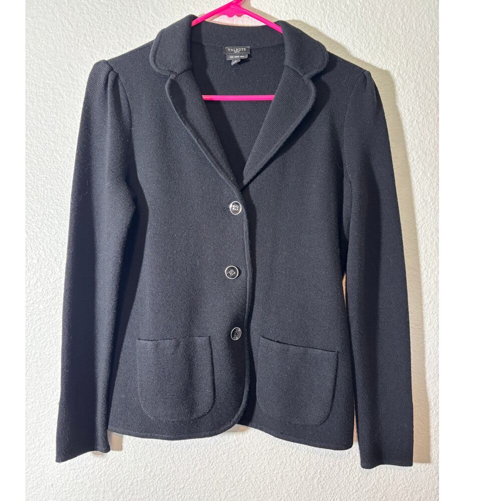 Talbots Size Petite P (XS) Pure Merino Wool Black Three-Button Blazer Jacket